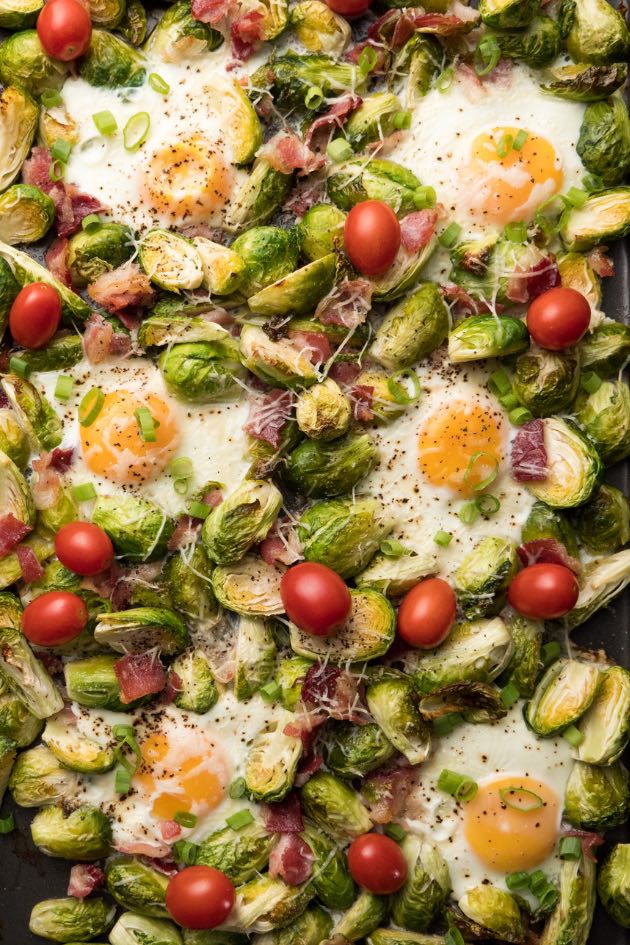 Oven baked eggs with Brussel Sprouts made on a sheet pan