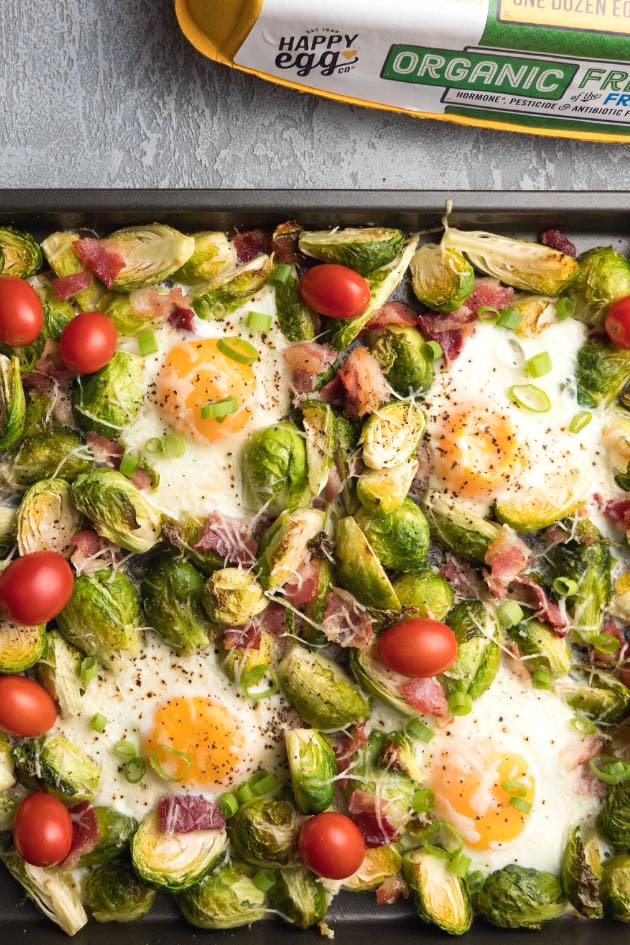 Sheet pan oven baked eggs with Brussels sprouts for a delicious breakfast or brunch