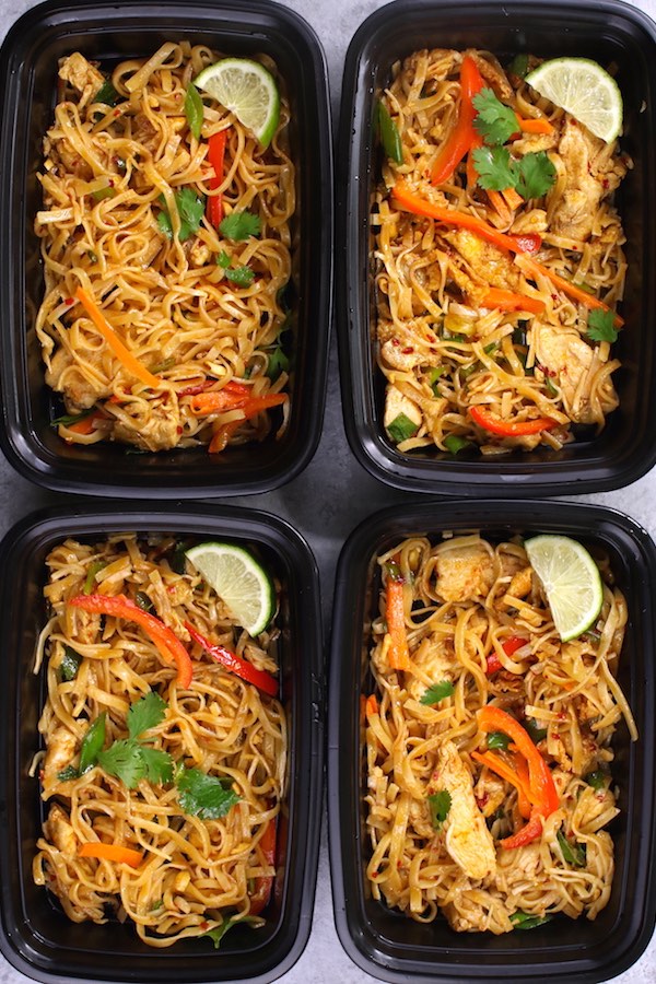 Save time and money when meal prep this authentic and delicious Chicken Pad Thai for the entire week! It’s so much better than take outs. Make ahead recipe. Video recipe. 