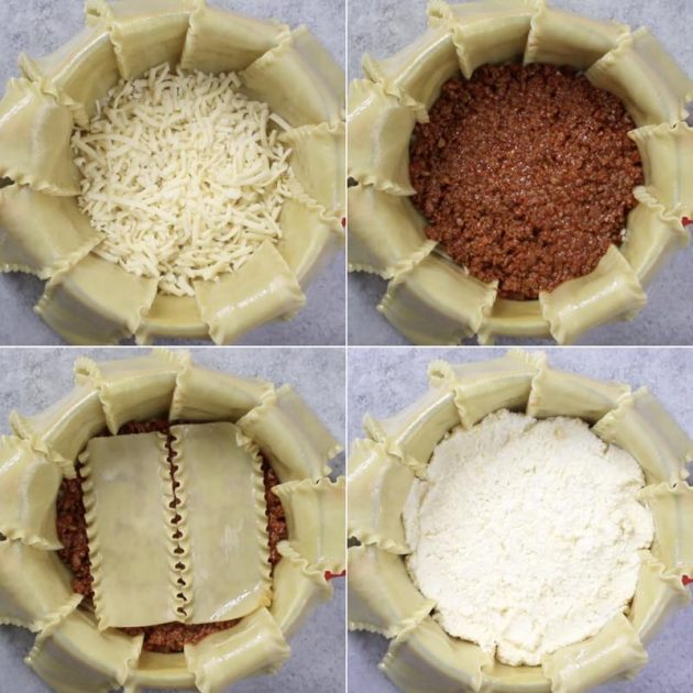 This graphic shows how to make the layers of Party Lasagna inside a round ovenproof pot