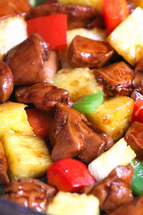 Closeup of Chinese-style Pineapple Chicken showing the beautiful colors and crunchy textures of this stir fry