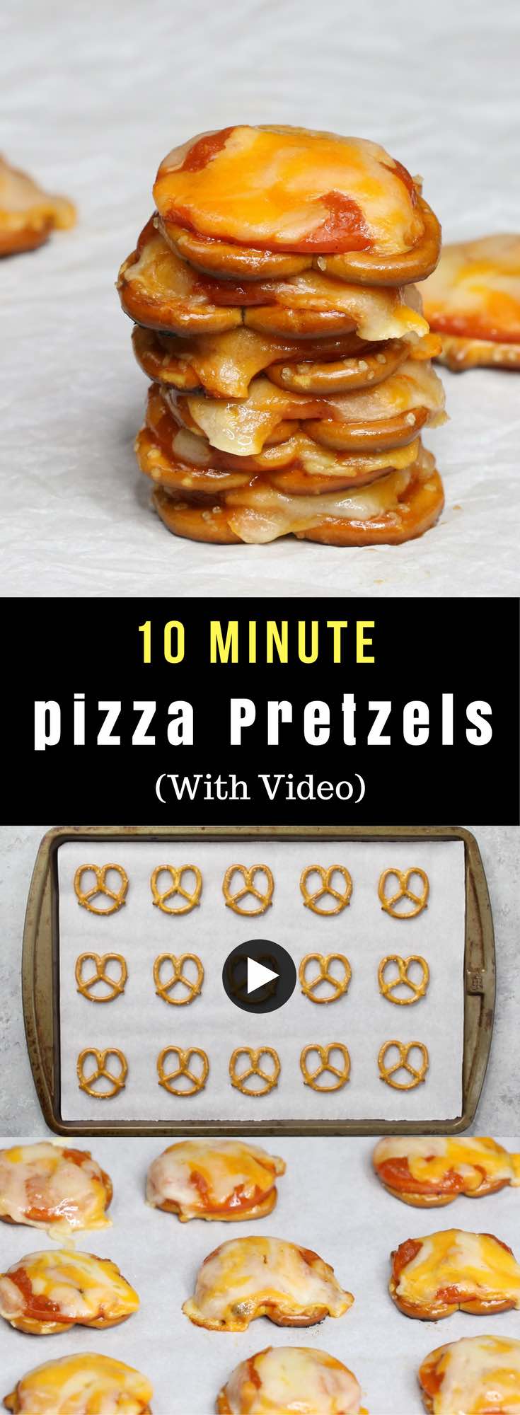 Pizza Pretzels – only 4 ingredients and 10 minutes. Super easy and perfect for an after school snack! All you need is 4 simple ingredients: pretzels, pepperoni, pasta sauce and shredded mozzarella. Quick and easy recipe. Video recipe. | Tipbuzz.com