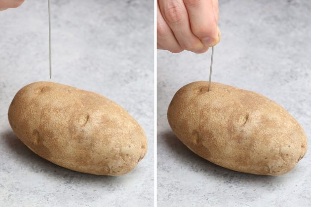 Poking holes in potatoes using a small skewer