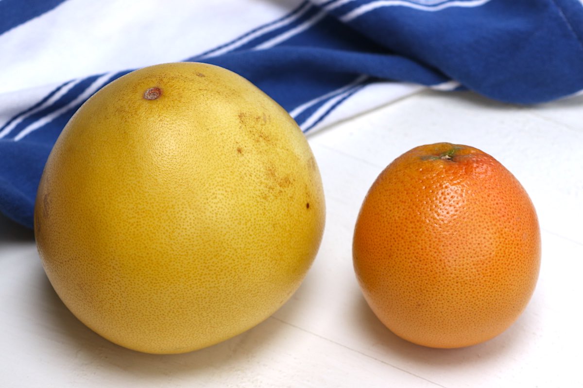 Side by side view of pomelo and grapefruit.