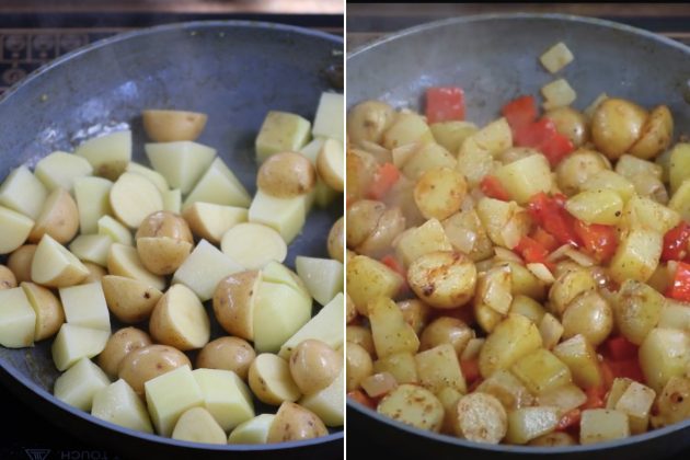 Sauteeing chopped potatoes until brown before adding back the onions and bell peppers
