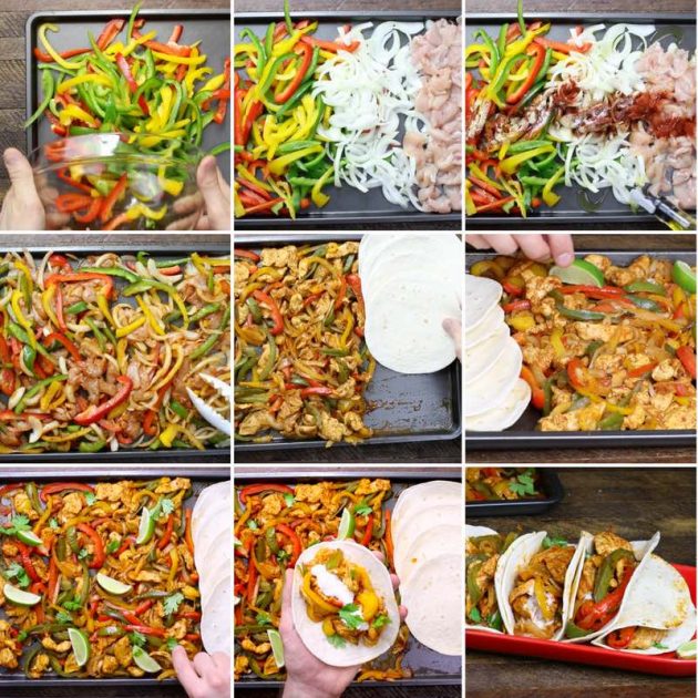 Baked Chicken Fajitas - this graphic shows all the key steps to easily make chicken fajitas in the oven using a sheet pan