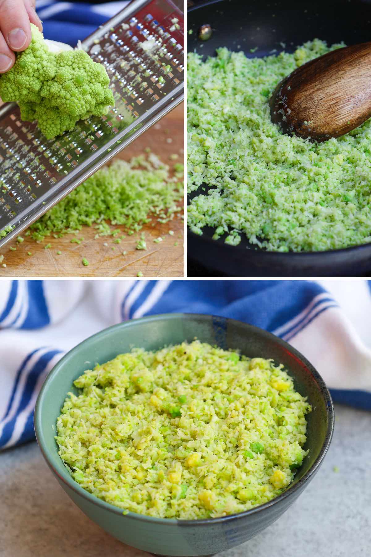 Preparing romanesco rice by grating, sauteing and service
