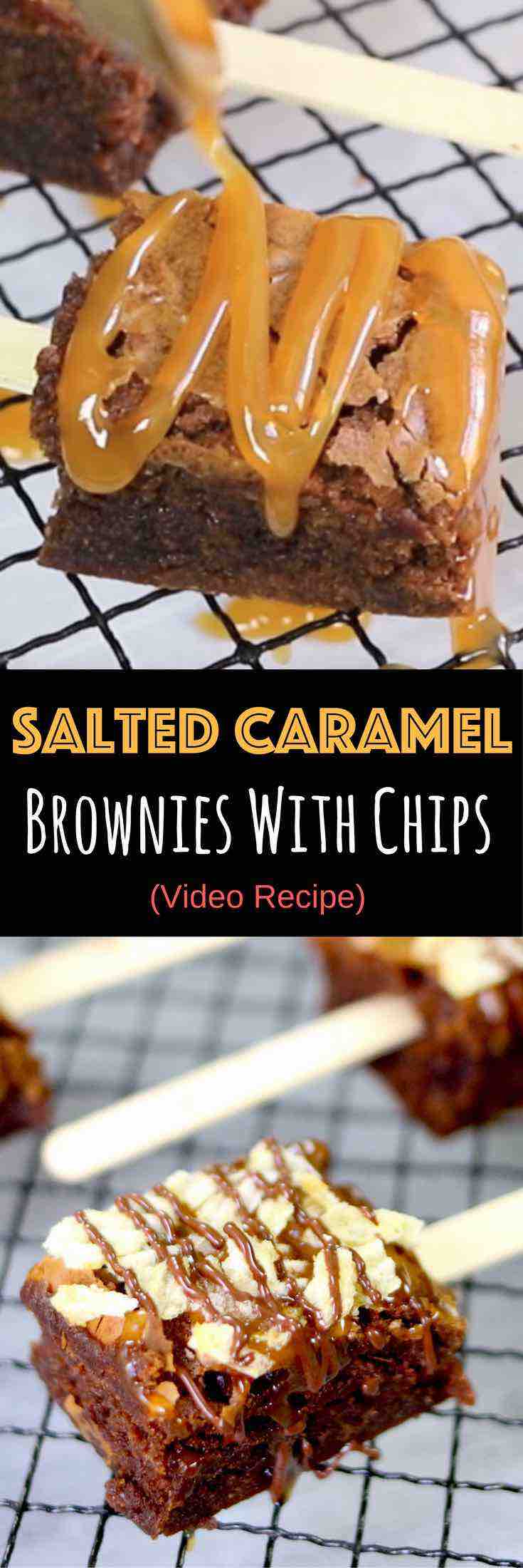 Salted Caramel Brownies With Chips – Soft and Moist brownies topped with gooey caramel and potato chips, then drizzled with melted chocolate. The sweet and salty make a perfect combination in these brownie bites. It’s pretty amazing! So easy and so delicious! Quick and easy recipe. Party Food. Video recipe. | Tipbuzz.com