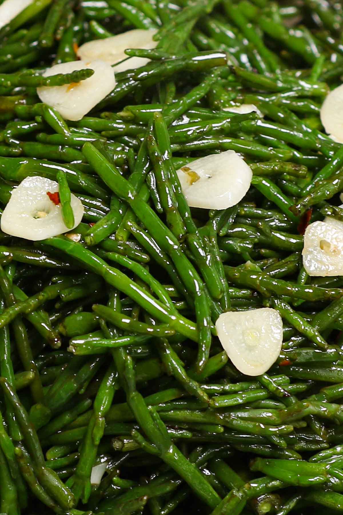 Sauteed sea beans with garlic and red pepper flakes
