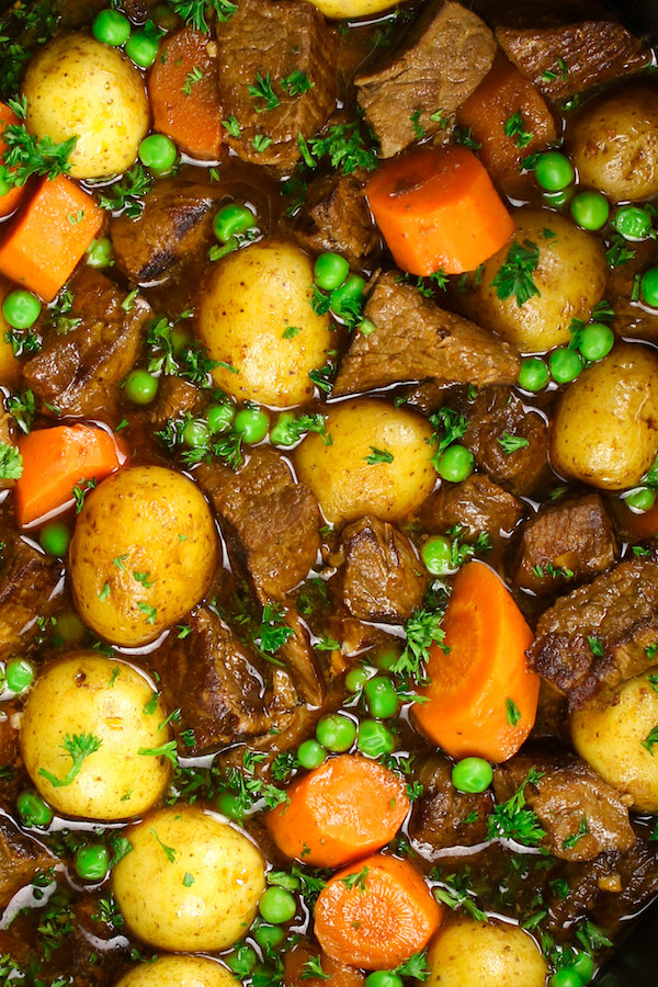 Closeup showing the texture of slow cooker beef stew