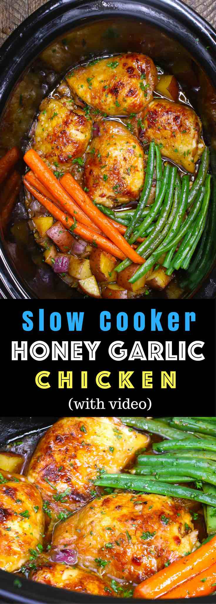 The easiest, most unbelievably delicious Slow Cooker Honey Garlic Chicken With Veggies. It’s one of my favorite crock pot recipes. Succulent chicken cooked in honey, garlic, soy sauce and mixed vegetables. Preparation is an easy 15 minutes. Easy one pot recipe. #slowcooker #crockpot #SlowCookerChicken #HoneyGarlicChicken 