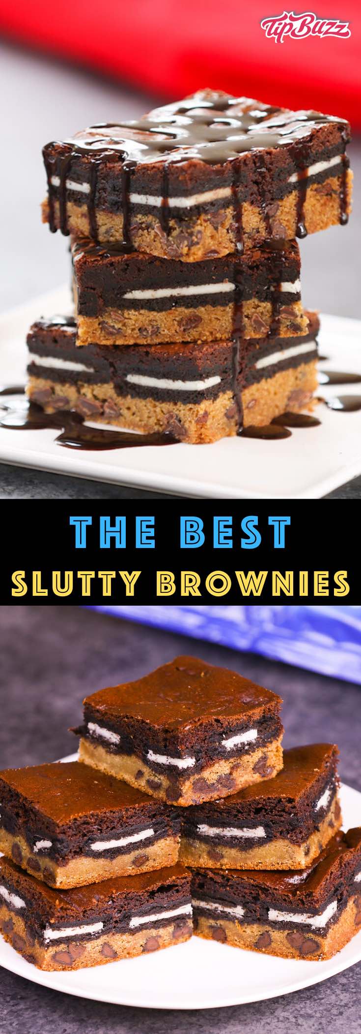 These Slutty Brownies melt in your mouth with rich layers of cookie dough, Oreo cookies and brownies. This slutty brownie recipe is easy to make whenever you want an extra-decadent treat! #SluttyBrownies