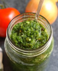 Sofrito is an aromatic sauce that’s mild and sweet with a little kick. It’s a popular condiment for many Puerto Rican dishes and other Spanish recipes. Plus, it’s so easy to make and ready in 15 minutes!