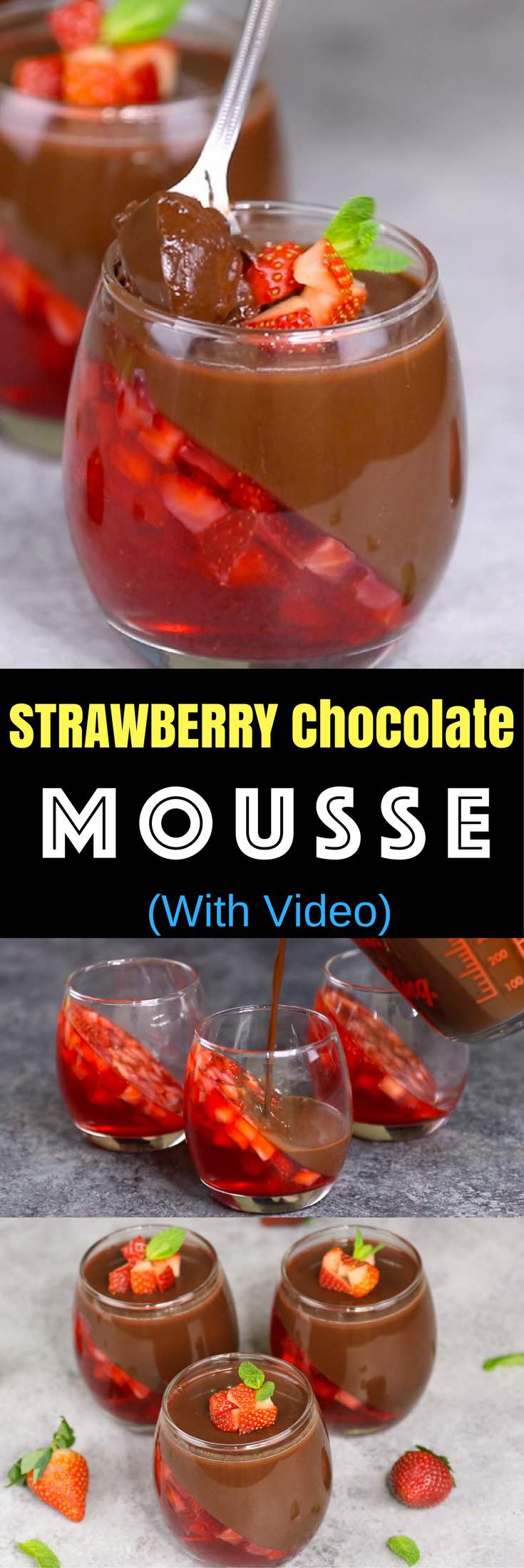 Strawberry Chocolate Mousse is a delicious make ahead dessert with two layers that you can easily prepare. All you need is a few simple ingredients: fresh strawberries, strawberry jello powder, water, cocoa, sugar, half and half milk and unflavored gelatin. Make this for Valentine's Day, birthdays, Mother's Day, holidays and date night. Make ahead recipe, no bake, video recipe. tipbuzz.com