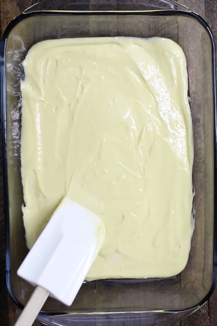 This is a photo of the yellow cake batter in the baking dish to make strawberry jello cake