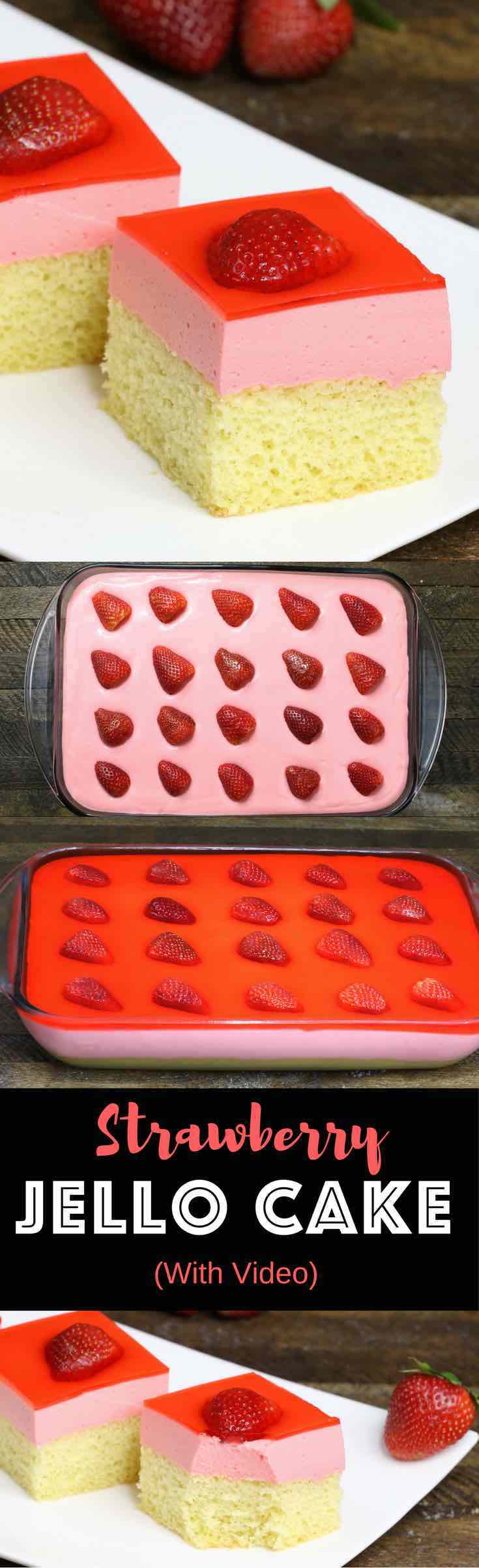 Strawberry jello cake is a delicious dessert. All you need is a few simple ingredients: yellow cake, strawberry jello, whipped topping and strawberries. An easy recipe that makes an incredible dessert for parties, birthday parties, Mother’s Day and Easter. Video recipe. | Tipbuzz.com