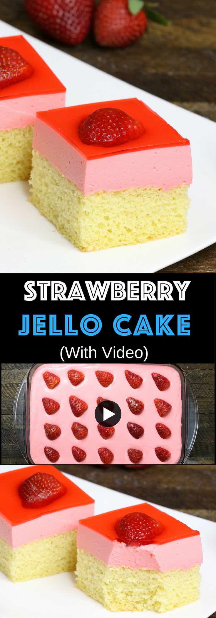 Easy Strawberry Jello Cake – A beautiful make-ahead dessert with 3 layers for a party! Smooth and creamy Jello fillings between yellow cake and bright red strawberry layers. So Good! Great for holiday and birthday parties. Easy recipe, party desserts. Vegetarian. Video recipe. | Tipbuzz.com