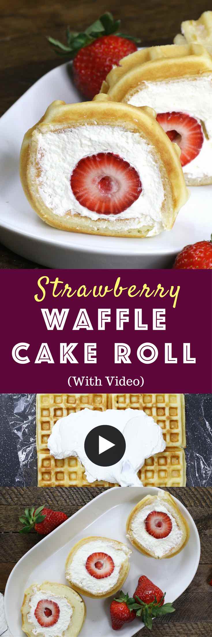 Strawberry Waffle Cake Roll - a quick and easy breakfast, snack or dessert made with waffle mix or frozen waffle, fresh strawberries, and whipped cream. Soft waffle topped with whipped cream, and strawberries. It melts in your mouth! So good and so beautiful! No bake dessert, vegetarian! | tipbuzz.com