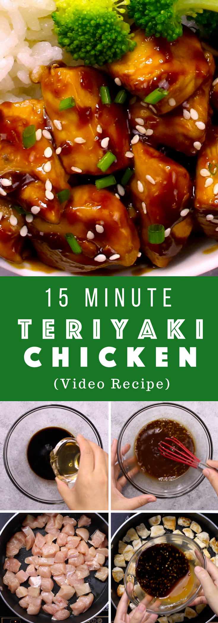 The easiest, most unbelievably delicious Teriyaki Chicken with Rice Bowls. And it’ll be on your dinner table in just 15 minutes. It’s much better than takeout! All you need is only a few ingredients: chicken breast, soy sauce, cider vinegar, honey and cornstarch. One of the best Asian dinner ideas! Served with rice and broccoli. Quick and easy dinner recipe. Video recipe. | Tipbuzz.com #Teriyaki #TeriyakiChicken #ChickenTeriyaki