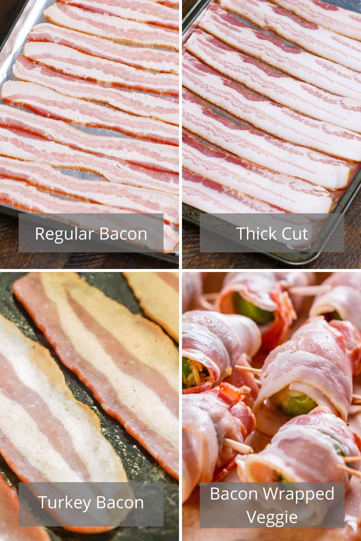 Photo collage showing different types of bacon.