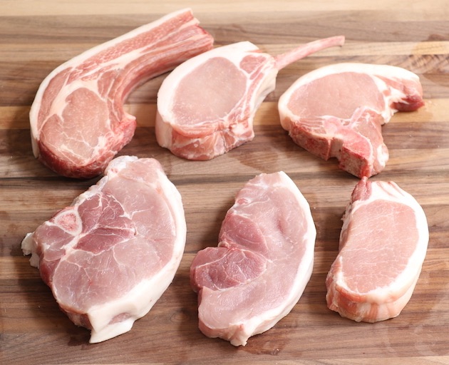 Types of pork chops that can be baked in the oven including rib chops, T-bone chops, boneless pork chops and sirloin pork chops