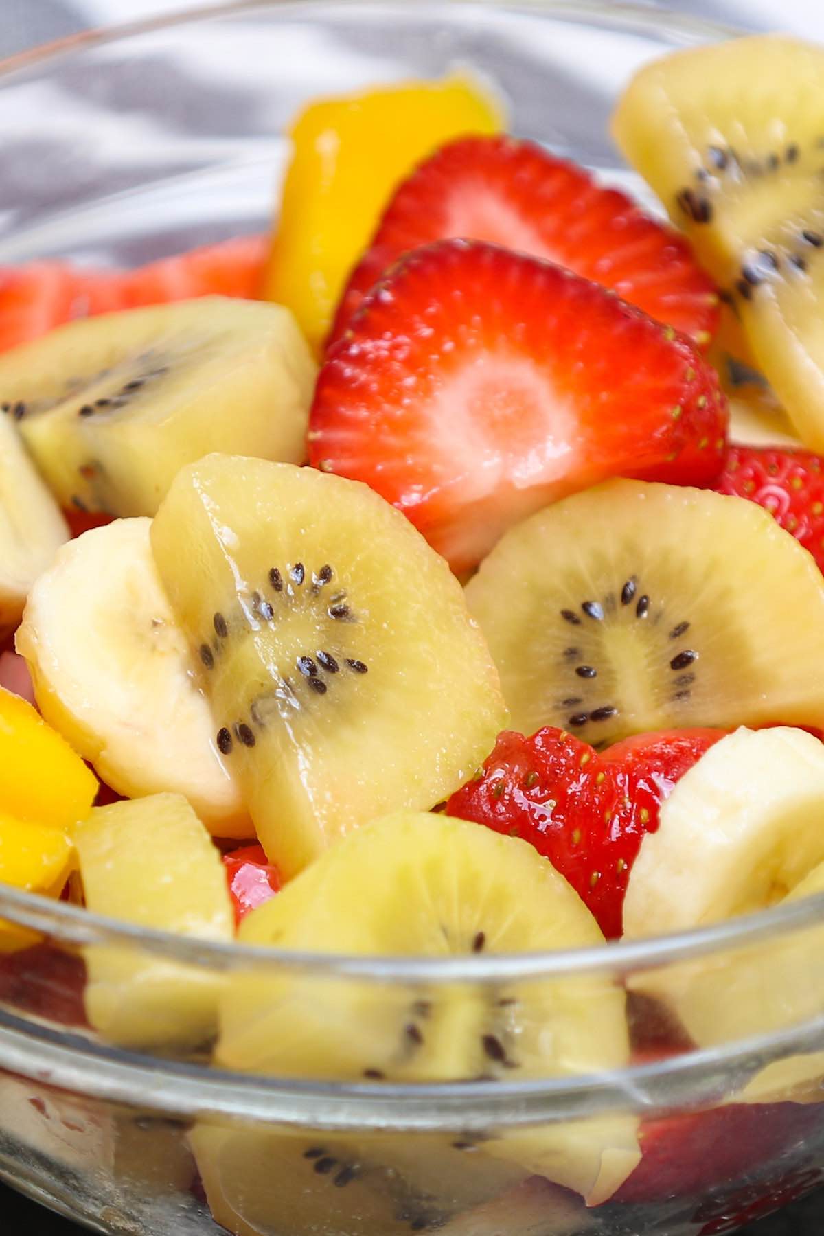 Tropical fruit salad in a serving bowl