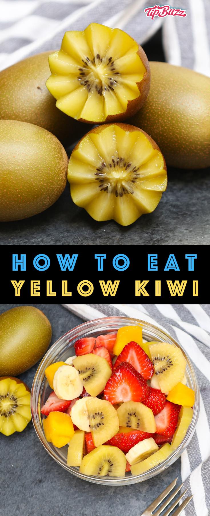 Golden Kiwi Fruit or Yellow Kiwi is a delicious tropical fruits with sweeter flesh and smoother skin than green kiwis. They're known as Zespri SunGolds and can be used in recipes for fruit salads and smoothes. #goldenkiwi #yellowkiwi 