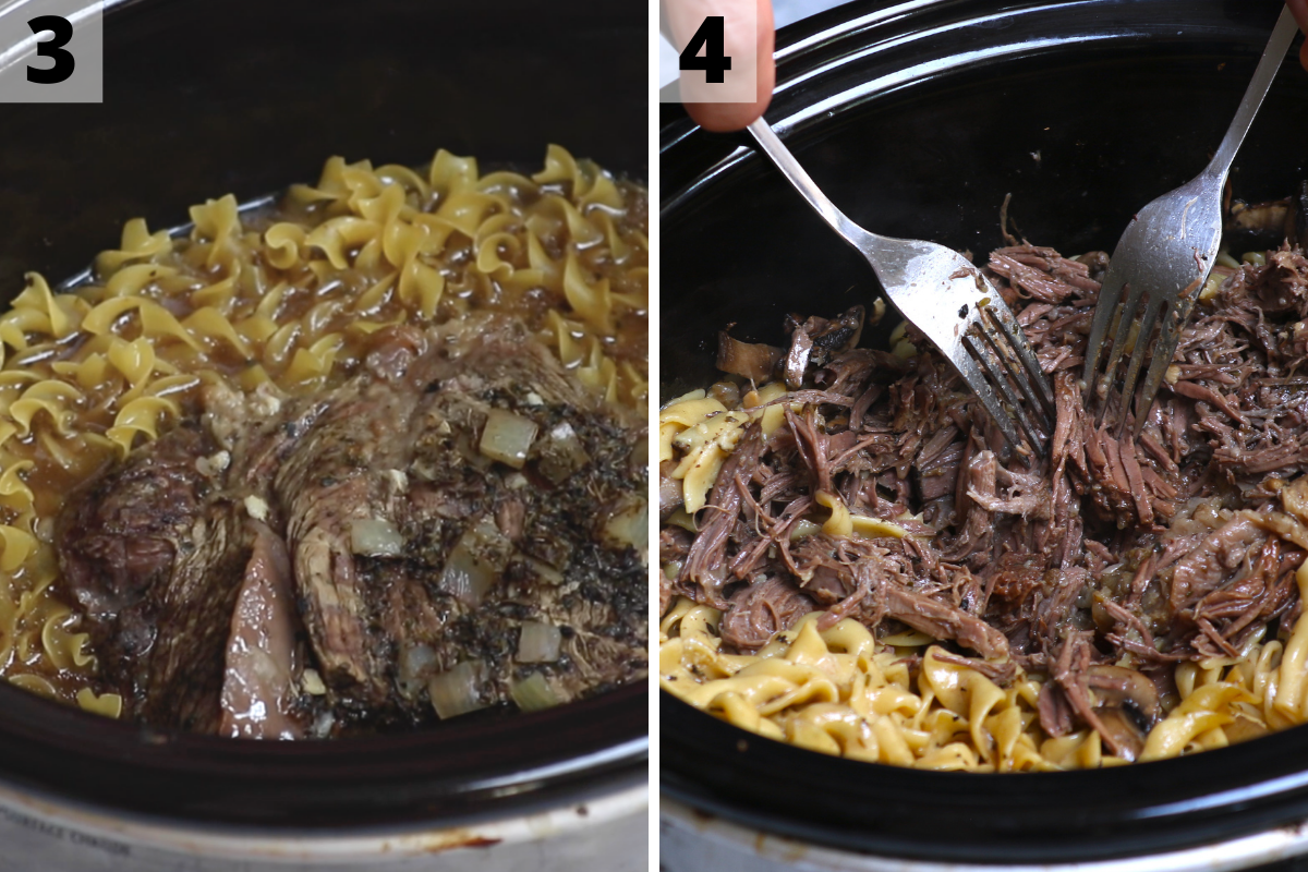 Adding egg noodles and shredding the beef with two forks