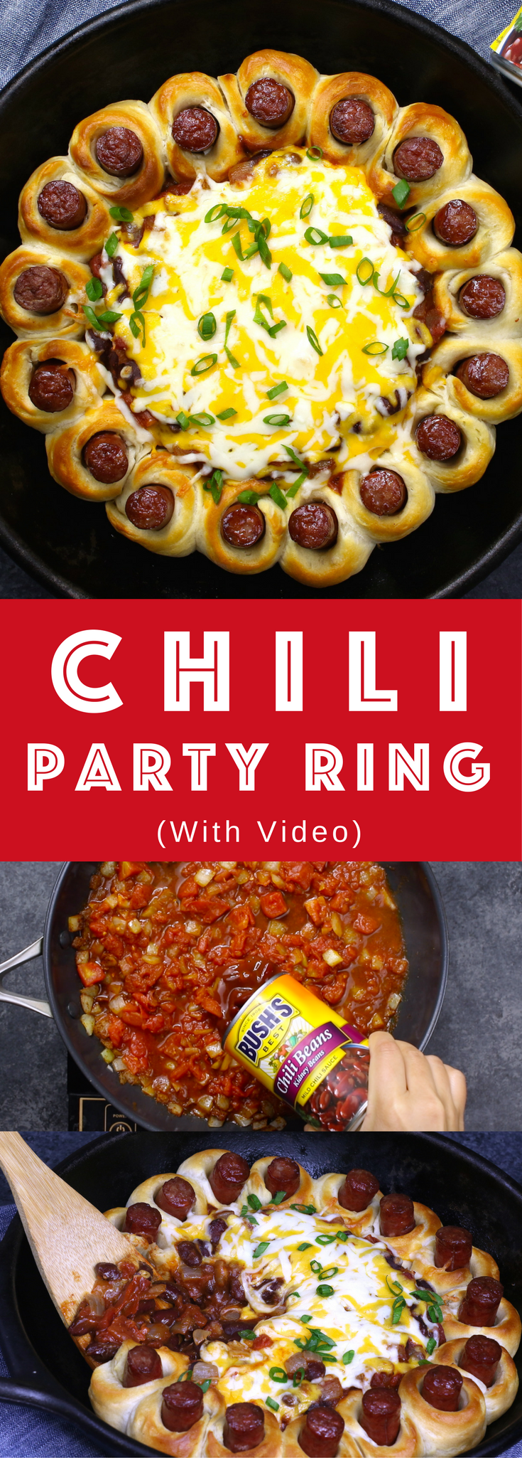 Chili Party Ring – the most delicious appetizer to share at your next party. Easy to make in only 30 minutes with a few simple ingredients: biscuit dough, your favorite wieners, onions, chili powder, cumin, Hunt’s Tomatoes, BUSH’s slow-simmered chili beans, shredded cheese and green onions. So good. Video recipe. #AD