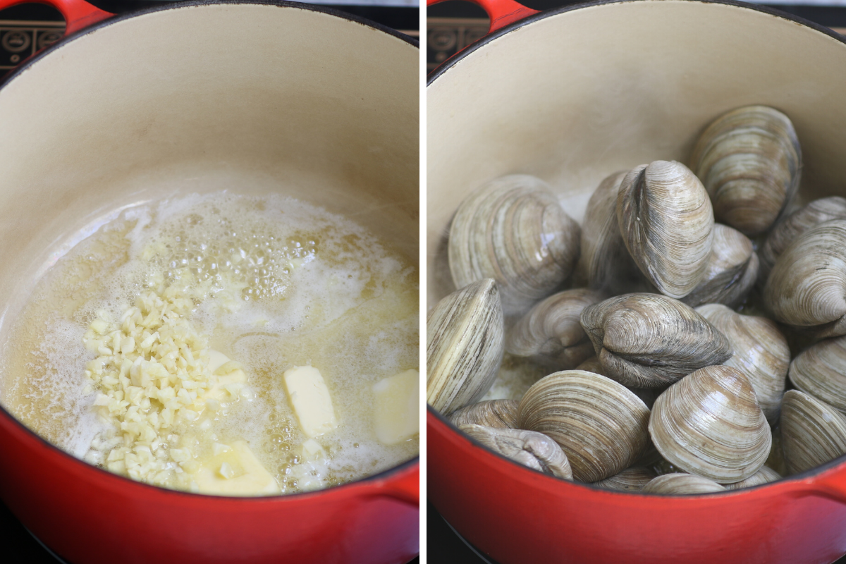 Sauteeing garlic and then adding clams to the pot